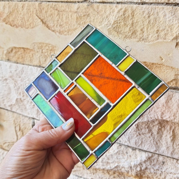 Stained glass square panel suncatcher of diamond shape. Window decoration and a perfect gift for him and for her
