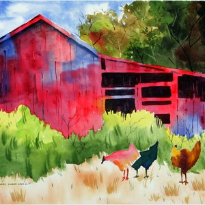 Watercolor Painting &quot;The Red Barn&quot; Digital Download