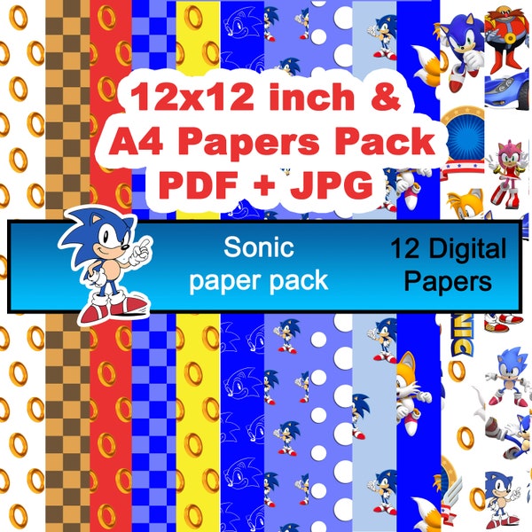 Sonic Digital Papers -Scrapbook - sonic - 10 Designs 12x12in, 30x30 cm & a4 Papers 21cmx29,7cm