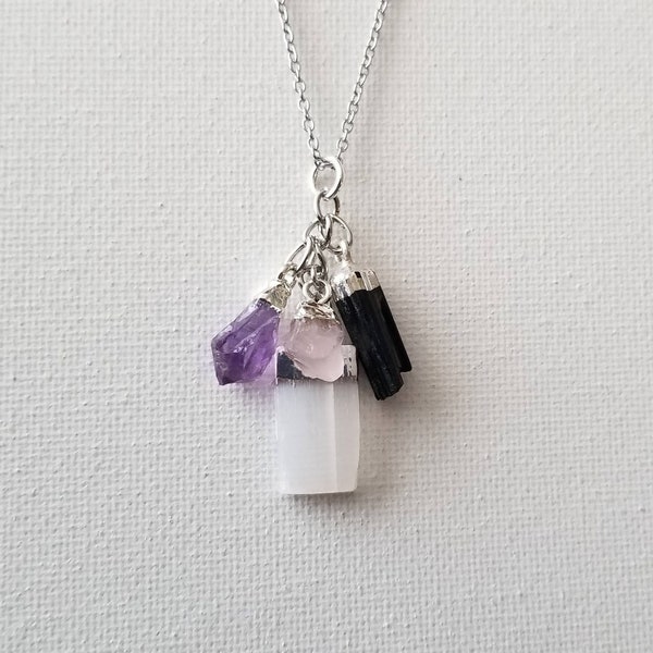 Raw Empath Protection Necklace/Natural Rose Quartz,Selenite,Tourmaline,Amethyst Intention Necklace/Good Energy/Healing Crystals/Charm/Gift