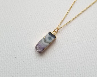 Raw MINI Amethyst Slice Geode Necklace/Natural Stone/Rectangular Pendant/Healing Crystal/Gift/Charm/Stainless Steel 18K Gold Plated Chain