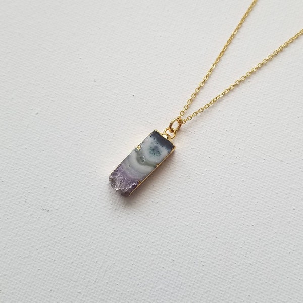 Raw MINI Amethyst Slice Geode Necklace/Natural Stone/Rectangular Pendant/Healing Crystal/Gift/Charm/Stainless Steel 18K Gold Plated Chain