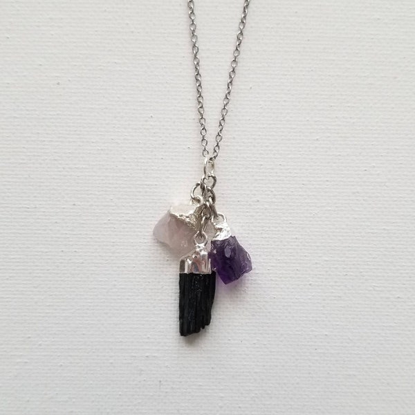 Raw MINI Empath Protection Necklace/Rose Quartz,Amethyst,Black Tourmaline Necklace/Dainty Pendant Natural Stones/Healing Crystals/Charm/Gift