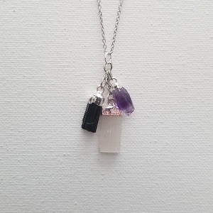 Raw Mini Selenite, Tourmaline, Amethyst Protection Necklace Pendant /Intention Gift /Good Energy/ Healing Crystals/Natural Stones/Charm/Gift