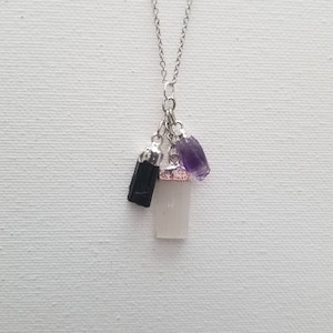 Raw Mini Selenite Necklace,Tourmaline Necklace,Amethyst/Empath Protection Crystal Necklace/3 Stone necklaceHealing Crystals/Gift for Her