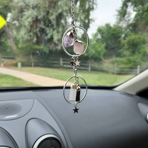 Raw Tourmaline Car Protection+Selenite+Rose Quartz+Amethyst Car Rearview Mirror/Travel Protection Crystals/Charm/Gift intention/Car Ornament