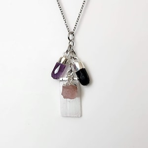 Tourmaline, Selenite Empath Protection Necklace: Rose Quartz, Amethyst/Stainless Steel Chain