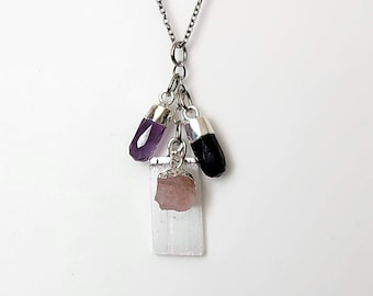 Tourmaline, Selenite Empath Protection Necklace: Rose Quartz, Amethyst/Stainless Steel Chain