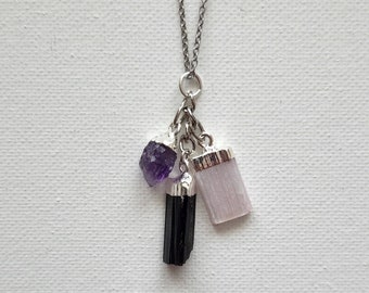 Raw Mini Tourmaline, Selenite, Amethyst Protection Intention Necklace Pendant/Good Energy/ Healing Crystals/Natural Stones/Charm/Gift