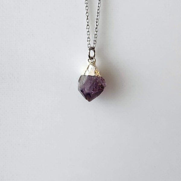 Raw Amethyst Point Protection Necklace Pendant/ Natural Stone/February Birthstone/Healing Crystal/Gift/Intention/Stainless Steele Chain