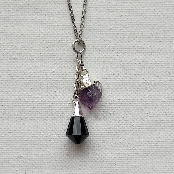 Mini Black Obsidian/Amethyst Protection Necklace/Raw Amethyst/Natural Obsidian Pendant/Healing Crystals/Charm/Gift/Stainless Steel Chain