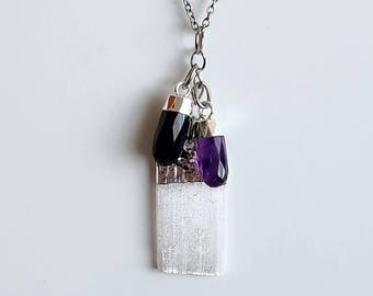 Selenite, Tourmaline & Amethyst Necklace /  Crystal Healing Stones
