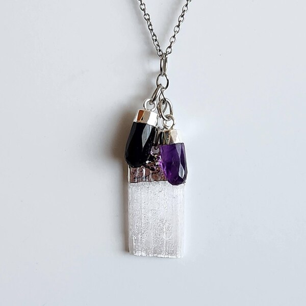 Selenite, Tourmaline & Amethyst Necklace /  Crystal Healing Stones