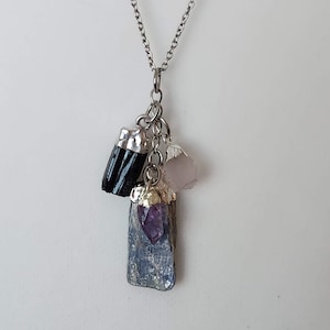 Negative Energy Shield Necklace/4 Stone Pendant Necklace Kyanite+Black Tourmaline+Rose Quartz+Amethyst/Empath Protection Necklace