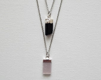 Raw Mini Black Tourmaline Necklace&Selenite/Two Separate Necklaces for Layering/Protection and Healing/Stainless Steel Chain/Gift for Her