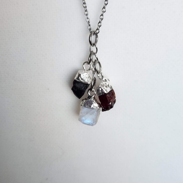 MINI Raw Moonstone,Onyx,Garnet Unique Protection Necklace Pendant/Garnet Necklace/Healing Crystals/Travel Charm/Gift/Stainless Steel Chains