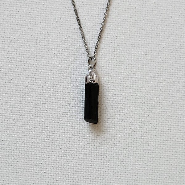 Raw Mini Black Tourmaline Protection Necklace/Long&Thin Tourmaline Pendant/Healing Crystal/Tourmaline Charm/Gift/Stainless Steel Chain