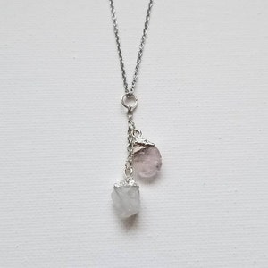 Raw Mini Rose Quartz&Moonstone Necklace/Love Stones/Natural Stones Pendant/Healing Crystals/Charm/Gift/ Stainless Steel Chain