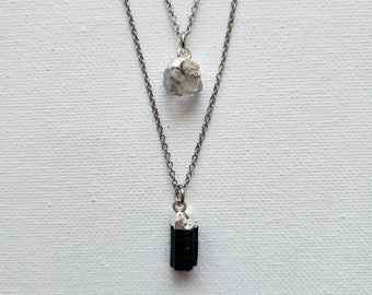 Raw Mini Black Tourmaline Clear Quartz Layered Necklace/Intention Charm/Protection Pendant/Healing Crystals/Gift/Stainless Steel chain