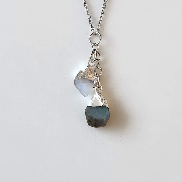 Raw Labradorite+Moonstone Necklace/Protection Transformation Pendant/Healing Crystals/Charm/Gift/Stainless Steel Chain and findings