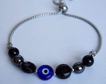 Evil Eye Tourmaline Hematite Obsidian Beaded Bracelet / Protection Bracelet / Stainless Steel Silver or Gold