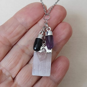 Tourmaline, Selenite Empath Protection Necklace: Rose Quartz, Amethyst/Stainless Steel Chain