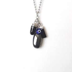 Evil Eye Protection Pendant Necklace / Real Gemstones Hematite, Tourmaline & Obsidian/Stainless Steel Chain