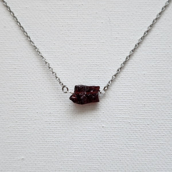 Raw  Garnet Crystal Tiny Nugget Necklace Pendant/Dainty Choker/January Birthstone/Healing Crystal/Natural Gemstone/Stainless Steel Chain