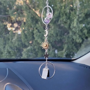Celestial Crystal Car Charm: Tourmaline, Selenite, Rose Quartz, Amethyst