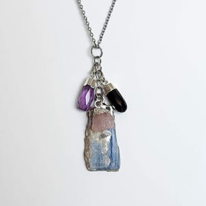 Negative Energy Shield Pendant: Tourmaline Kyanite Rose Quartz Amethyst Natural Gemstones / Stainless Steel