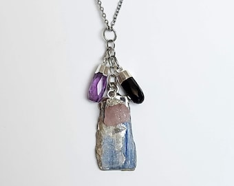 Negative Energy Shield Pendant: Tourmaline Kyanite Rose Quartz Amethyst Natural Gemstones / Stainless Steel