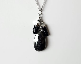 Triple Protection / Black Tourmaline, Hematite & Obsidian Pendant Necklace: Stainless Steel Chain