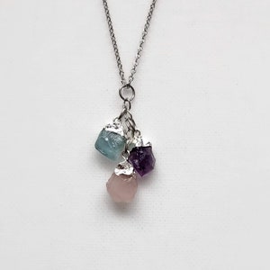 Calm Energy/Mini Lightweight Necklace with Raw Aquamarine,Rose Quartz,Amethyst /Healing Crystals/Three stone pendant/Stainless Steel Chain
