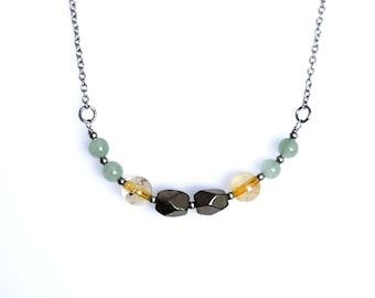 Pyrite, Citrine,  Green Aventurine / Abundance Pendant Necklace / Stainless Steel