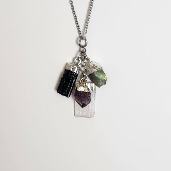 IRIS Four stone Protection Necklace Pendant/Meaningful Unique Gift/Raw Labradorite, Selenite,Tourmaline,Amethyst/Good Energy Gemstones/Charm