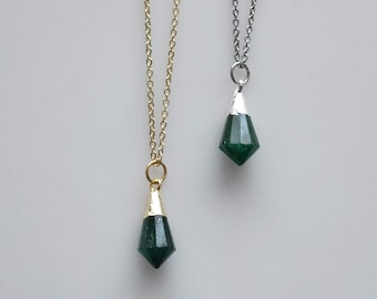 Faceted Green Aventurine Pendant Necklace: Stainless Steel, Good Luck Crystal