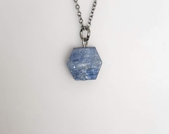 Blue Kyanite Hexagon Pendant Necklace: Stainless Steel Chain, Protection Charm