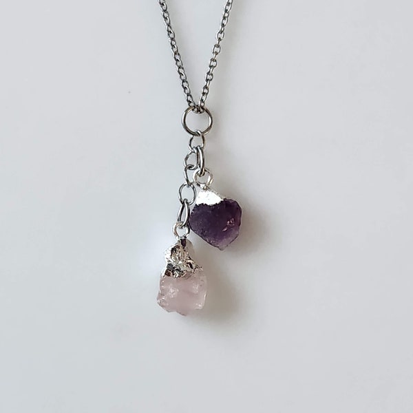 Raw MINI Amethyst Rose Quartz Love Peace Intention Necklace Pendant /Natural Stones/Healing Crystals/Stainless Steel Chain/Charm Gift