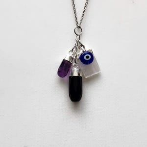 Unique Protection Necklace Black Tourmaline,Evil Eye,Selenite,Amethyst/Protection Charms/Healing Crystals/Amulet/Stainless Steel Chain