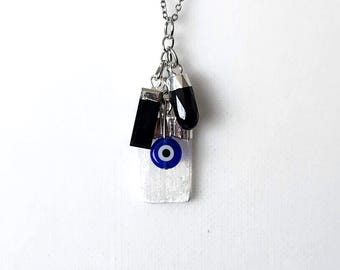 Powerful Negative Energy Protection Pendant: Tourmaline, Obsidian, Selenite & Evil Eye