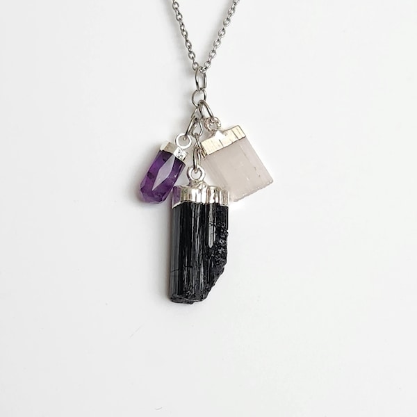 Raw Tourmaline, Selenite, Amethyst Necklace: Stainless Steel Protection Pendant