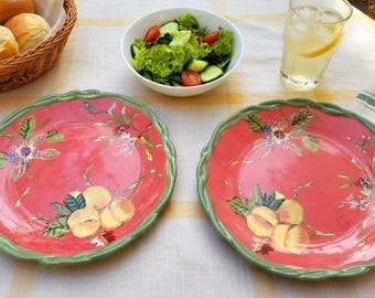 Tracy Octavia Hill Fruit Plates Set of 2, 11 Inch Hand Painted Style Plates, Vintage Cottage Farmhouse Kitchen Decor Red Green