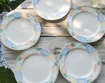 Mikasa Intaglio Garden Poetry Plates Set of 5, 11 Inch Dinner Plates, Vintage Floral Pastel Japan Dinnerware