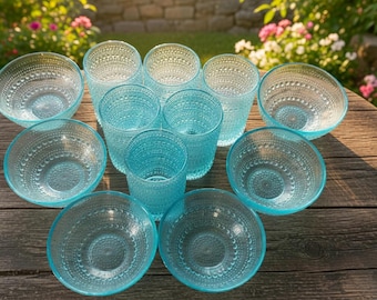 Vintage Aqua Hobnail Glass Set of 12, 6 Tumblers & 6 Dessert Bowls, Dew Drop Textured Glassware, Turquoise Tableware Set