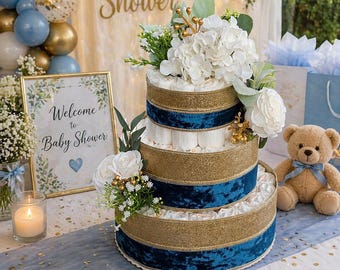 Royal 3 Tier Diaper Cake Centerpiece | Baby Shower Gift | Blue Gold Diaper Cake | Baby Boy Shower Decor | Neutral Baby Shower Centerpiece