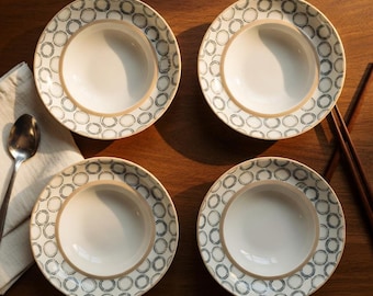 Cuisinart Elite Soup Bowls Set of 4, 9 Inch Porcelain Bowls, White with Modern Circle Pattern, Everyday Dinnerware