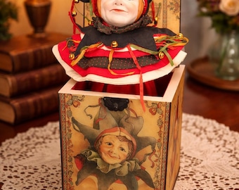 Vintage 1984 Enesco Jester Jack-in-the-Box Music Box, Faith Wick, Reuge Swiss Movement, Limited Edition #1727/2500