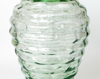 Vintage Green Art Glass Vase – Textured Ribbed Design, Large Decorative Vase, Home Decor Accent