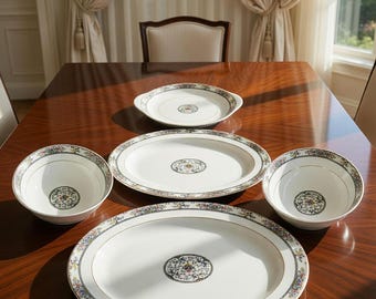 Royal Doulton Tavistock Serving Set, 5 Pc Vintage Fine China, Floral Rim Platters & Bowls, English Tableware 1975, Cottagecore Dining