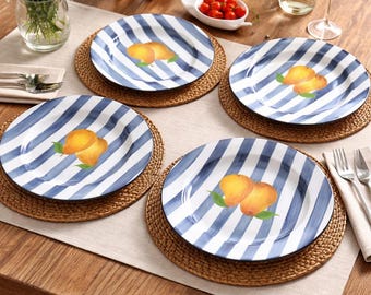 Vintage Lonnie Bates Los Angeles Pottery Blue Striped Pear Plates - Set of 4, 11.5 Inch Hand Painted Dinner Plates